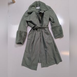 Fashion Nova Sage Trench Coat with Faux Fur Cuffs